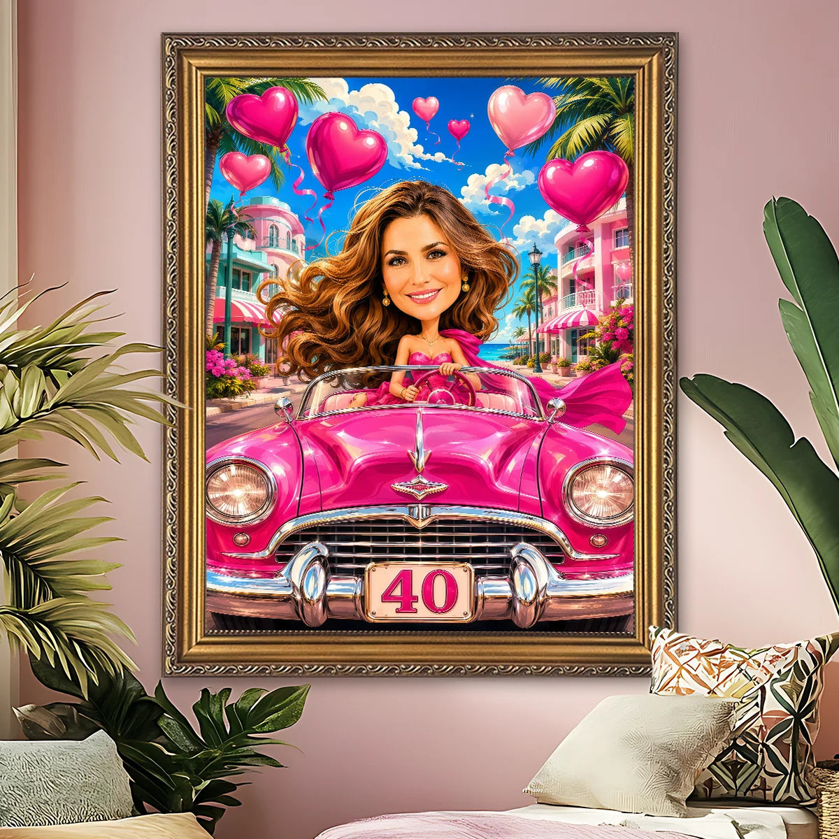 Image of Personalizowany obraz na płótnie na 40. urodziny ze zdjęcia – kobieta w różowym aucie w klimacie Barbie