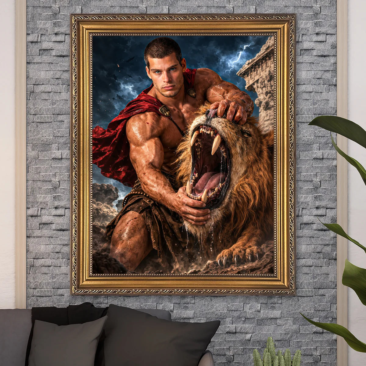 Image of Portret na płótnie w stylu Herkulesa z lwem ze zdjęcia – personalizowany obraz mężczyzny, prezent na urodziny