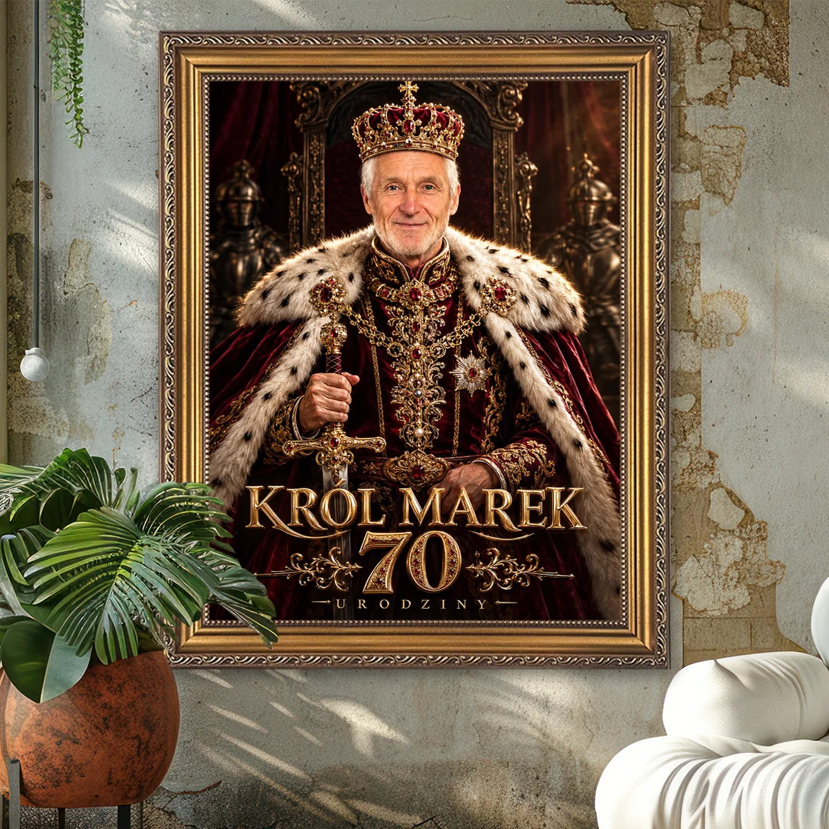 Image of Personalizowany portret Króla na 70 urodziny dla mężczyzny ze zdjęcia, z imieniem i koroną