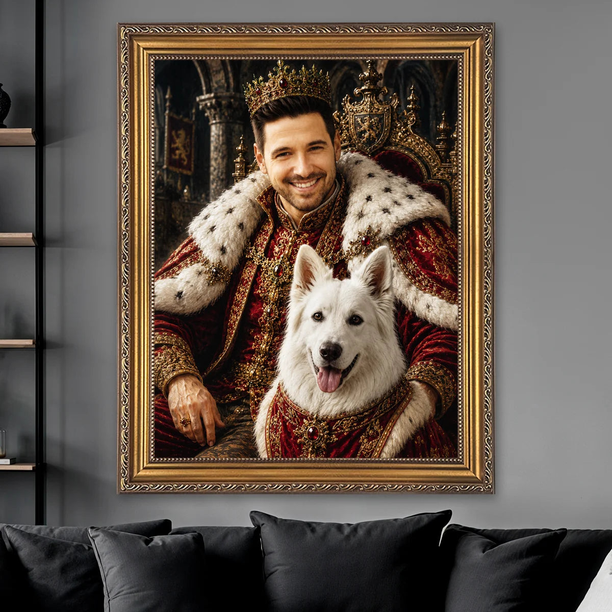 Image of Personalizowany portret króla z psem na płótnie wykonany ze zdjęcia – wyjątkowy prezent dla właściciela psa