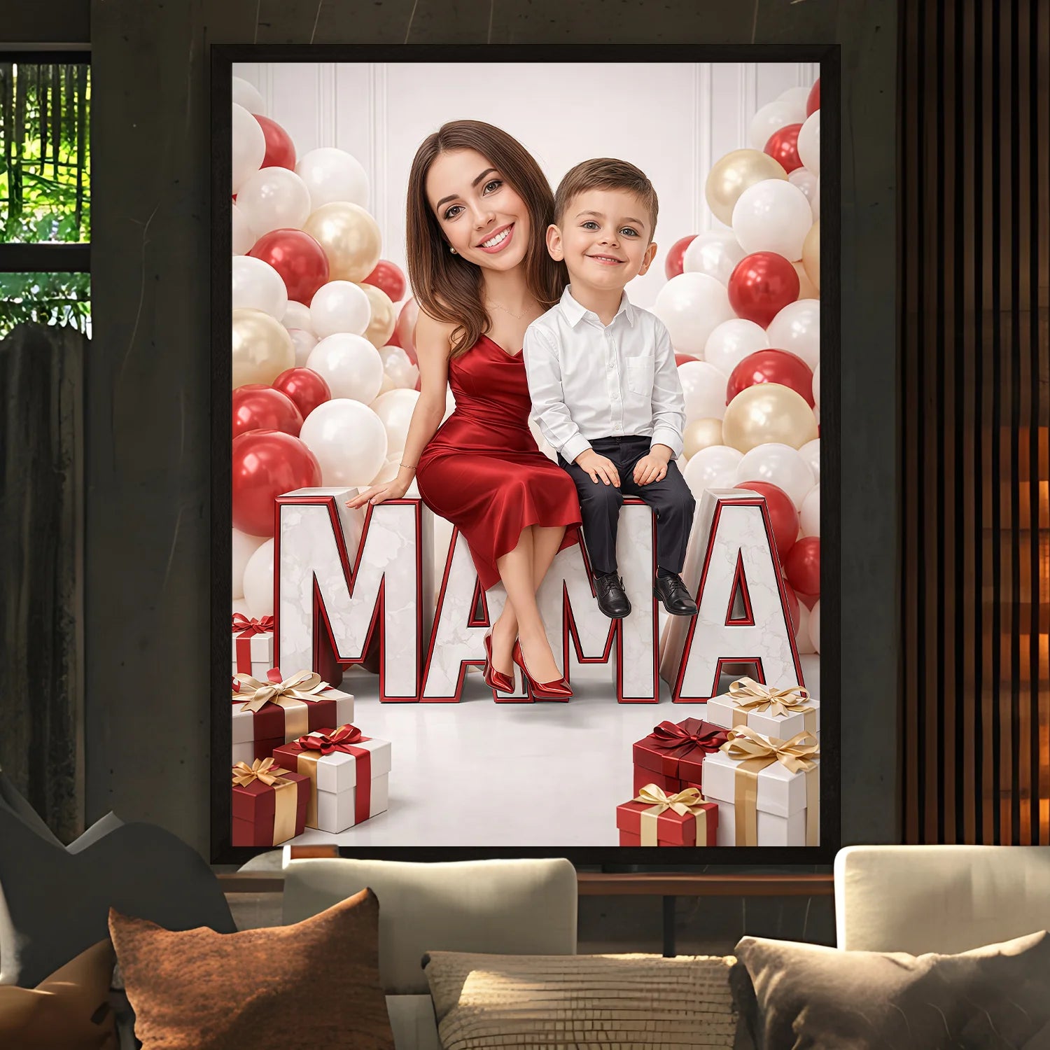 Image of Personalizowany plakat dla mamy ze zdjęcia, mama z dzieckiem na tle balonów i prezentów, dekoracyjny napis MAMA, elegancki prezent