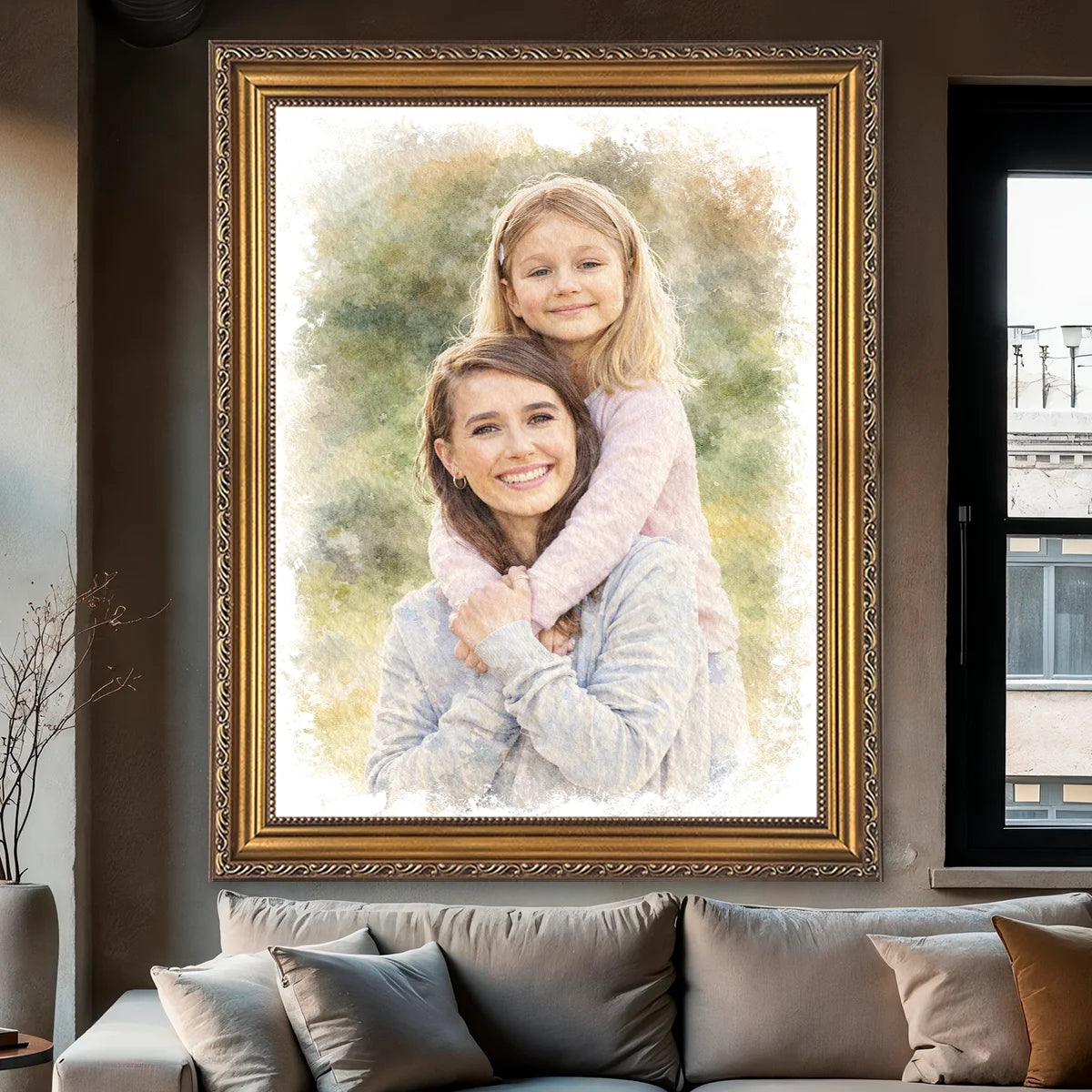 Image of Personalizowany portret mamy z córką ze zdjęcia w stylu malarskim, delikatny obraz na ścianę w eleganckiej ramie