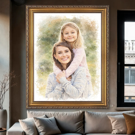 Prezent dla mamy na Dzień Matki - portret ze zdjęcia na płótnie w akwarelowym stylu