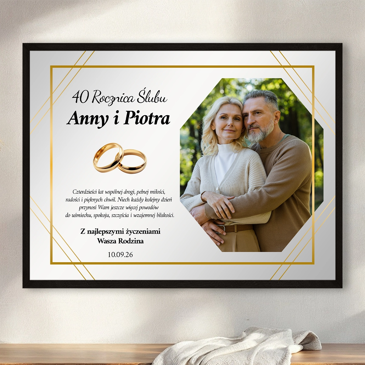 Image of Plakat ze zdjęciem pary i obrączkami – prezent na 40 rocznicę ślubu