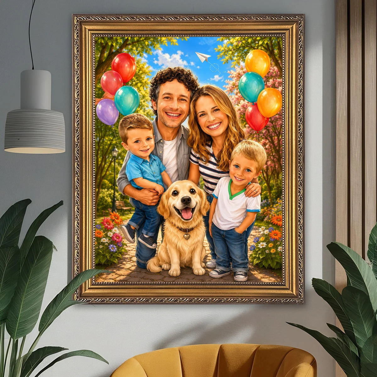 Image of Personalizowany rodzinny portret na płótnie wykonany ze zdjęcia – kolorowy obraz z rodzicami, dziećmi i psem jako prezent dla rodziny.