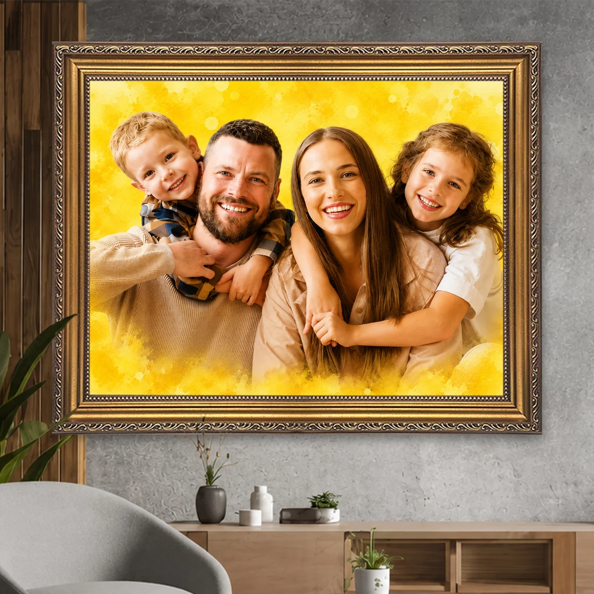 Image of Personalizowany portret rodzinny na płótnie przedstawiający rodziców z dziećmi, wykonany ze zdjęcia na tle ciepłej, artystycznej kompozycji