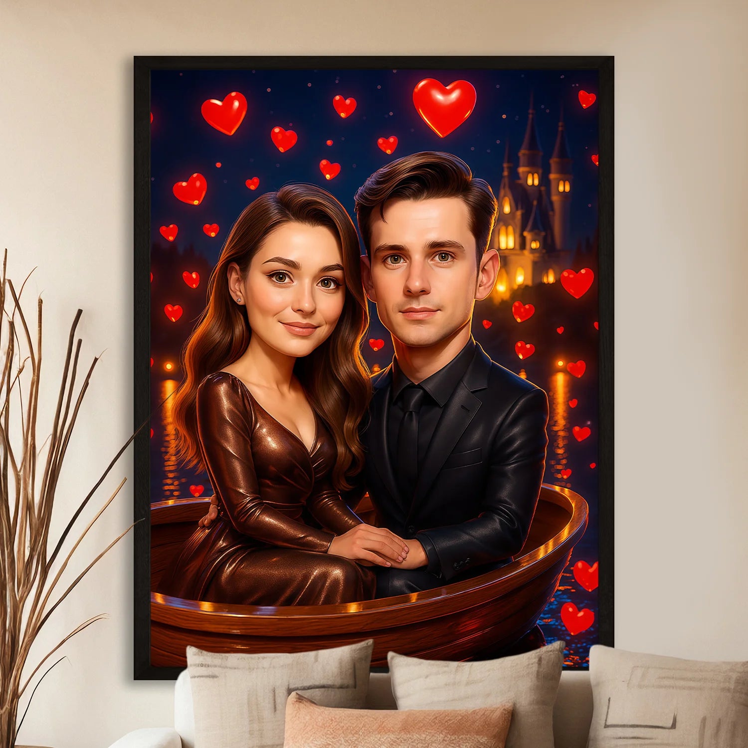 Image of Personalizowany plakat zakochanej pary w łódce, romantyczne serca i nocne miasto w bajkowym klimacie