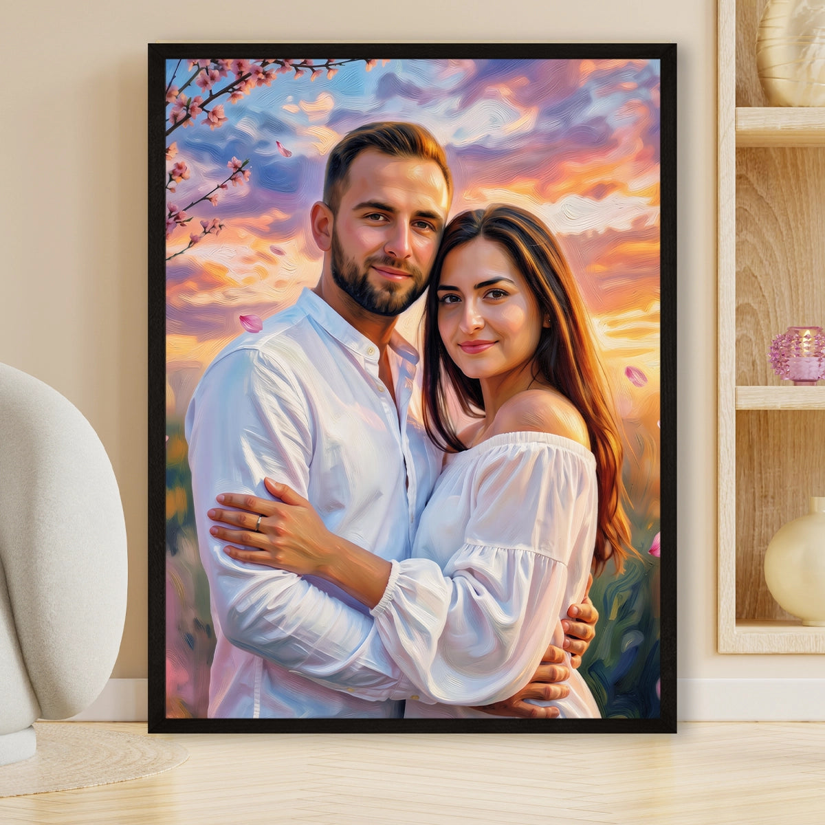 Image of wymalujchwile.pl – portret pary o zachodzie słońca w malarskim stylu – plakat na płótnie prezent na rocznicę