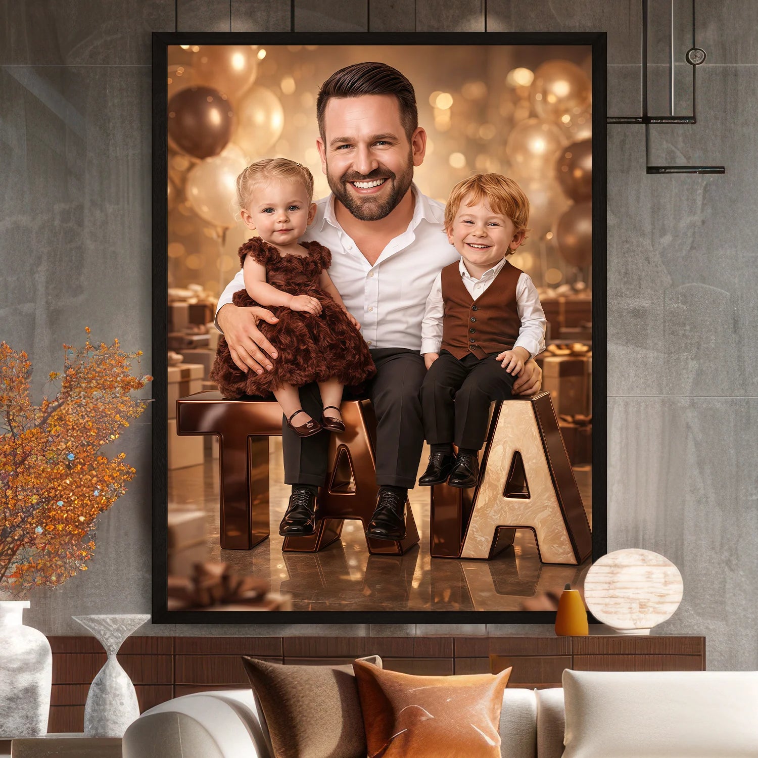 Image of Personalizowany plakat dla taty ze zdjęcia, tata z dziećmi na tle balonów i prezentów, dekoracyjny napis TATA, elegancki prezent