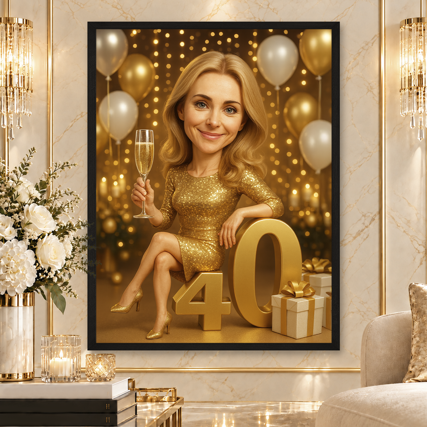 Image of Personalizowana karykatura ze zdjęcia na 40. urodziny dla kobiety – plakat z jubilatką, balonami i cyfrą 40