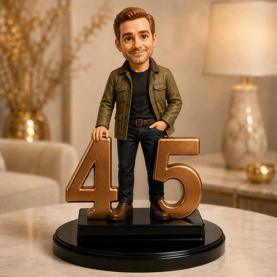 Oryginalny prezent dla niego na 45 urodziny – personalizowana figurka 3D styl karykatury na 45 urodziny