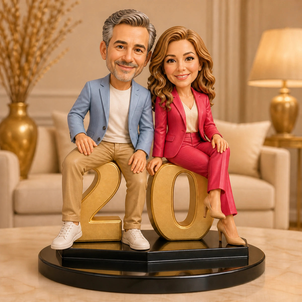 Image of Personalizowana figurka 3D pary siedzącej na złotej liczbie 20 – prezent na 20 rocznicę ślubu
