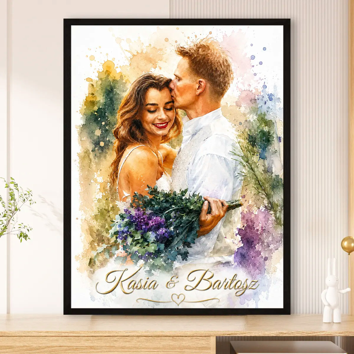 Image of Personalizowany plakat akwarelowy ze zdjęcia dla pary na rocznicę lub ślub z imionami i efektem malarskim
