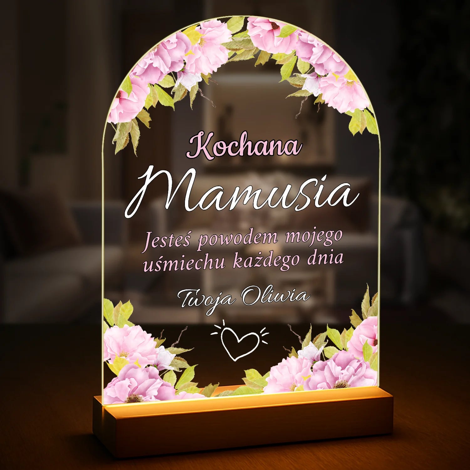 Image of Personalizowany druk na szkle akrylowym dla mamy, napis z własnym tekstem, tło z motywem kwitów, prezent na Dzień Matki