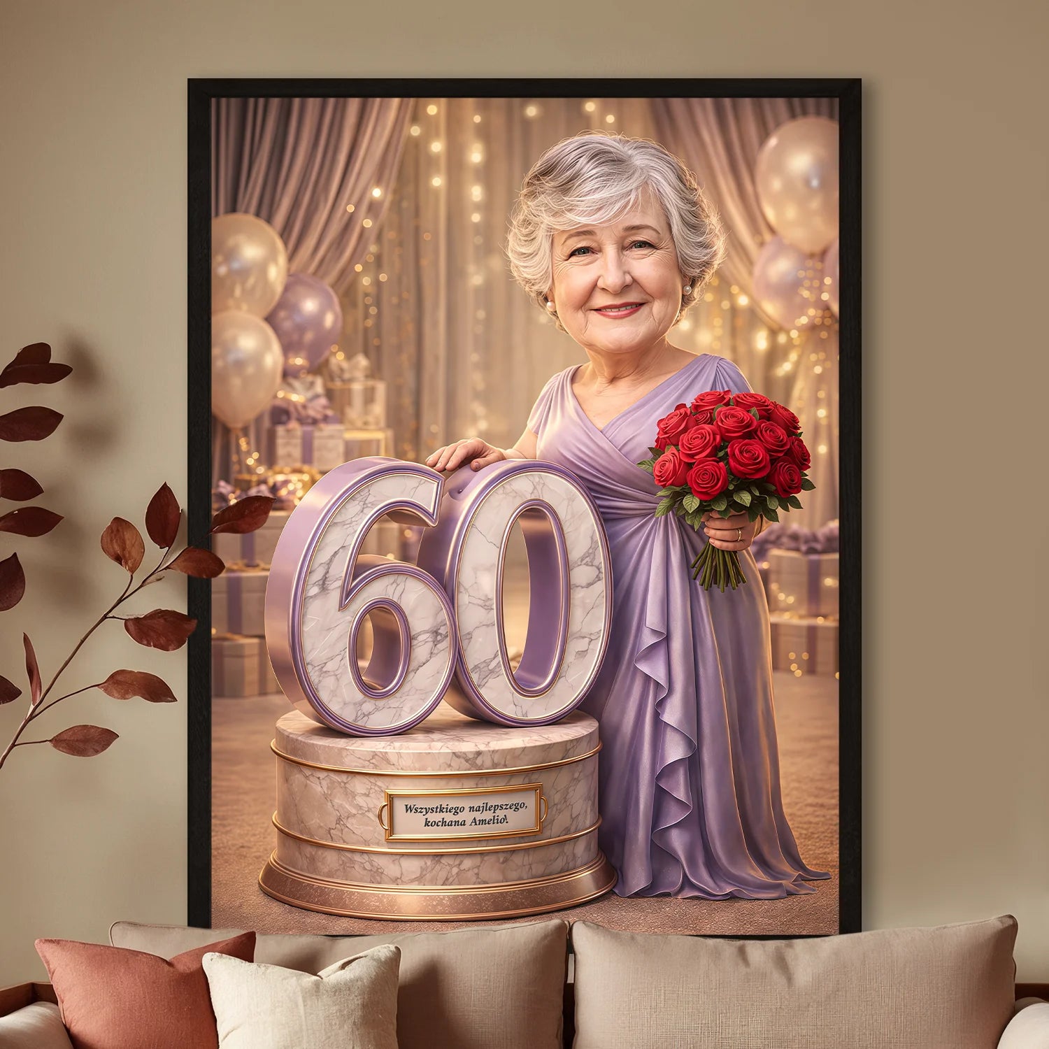 Image of Personalizowany portret babci na 60 urodziny na plakacie, elegancki styl, kobieta z kwiatami przy liczbie 60