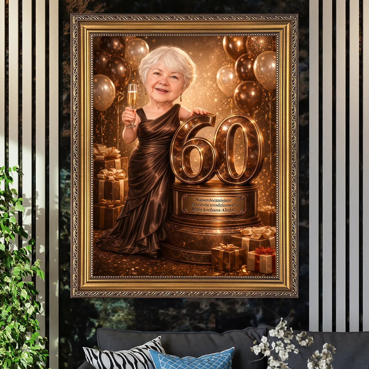 Image of Portret na płótnie w stylu glamour na 60 urodziny ze zdjęcia – personalizowany obraz, elegancki prezent dla kobiety.