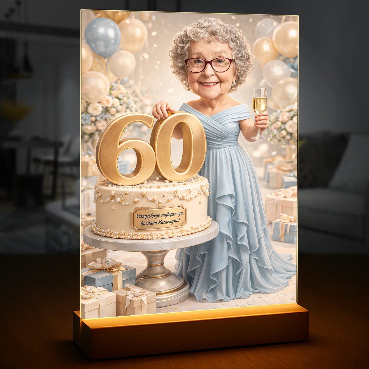 Image of Personalizowany druk na szkle akrylowym dla babci na 60 urodziny ze zdjęcia, elegancki portret z tortem, cyfrą 60 i jasnym tłem