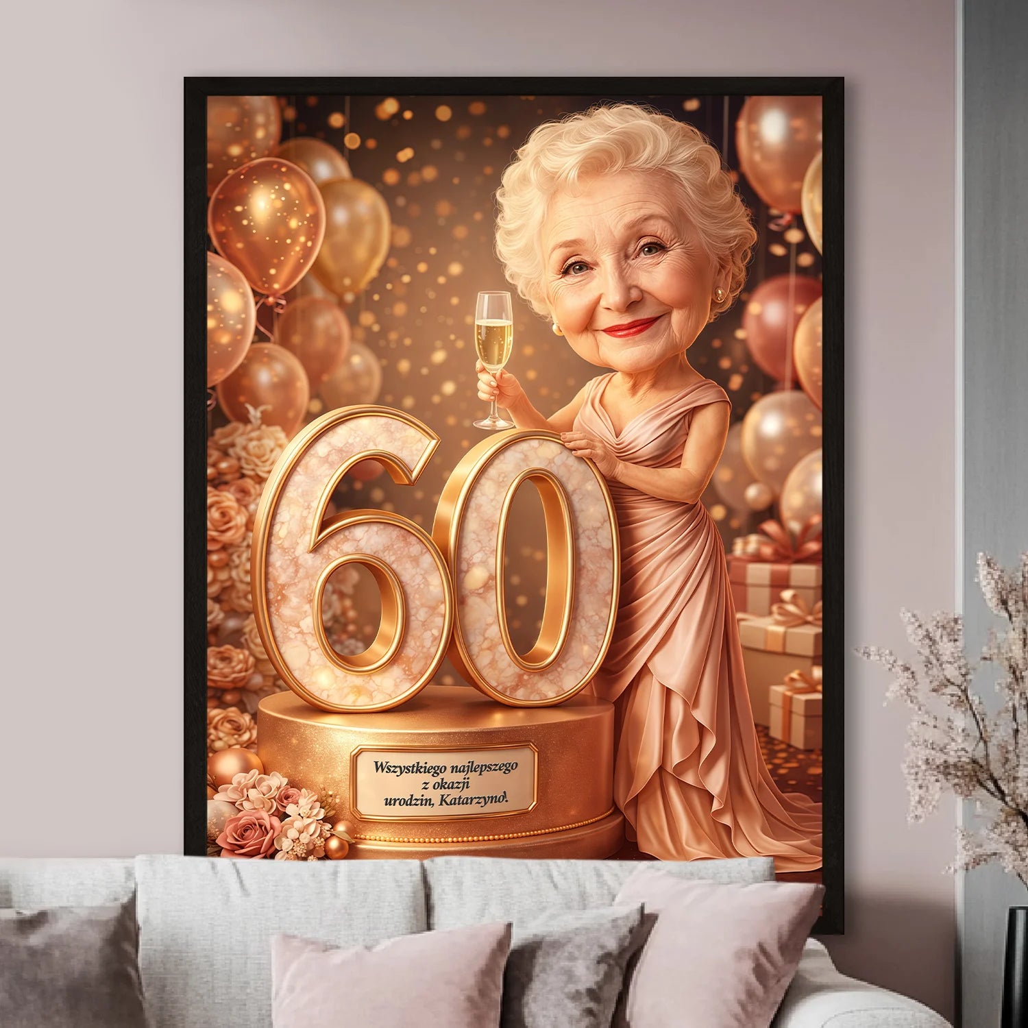 Image of Personalizowany portret babci na 60 urodziny na plakacie, kobieta z kieliszkiem szampana przy liczbie 60, elegancki styl