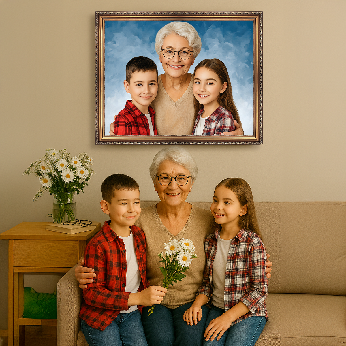 Portret babci z wnukami - obraz na płótnie z Twojego zdjęcia