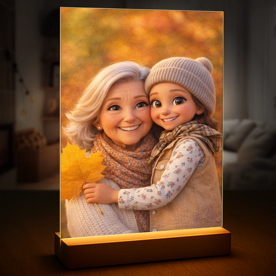 Ilustracja babci i wnuczki w stylu bajkowym - druk na szkle, portret z Twojego zdjęcia