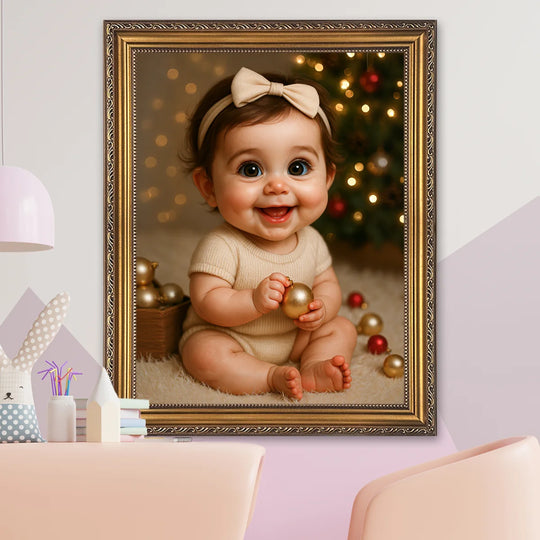 Niemowlę przy choince - obraz na płótnie z Twojego zdjęcia