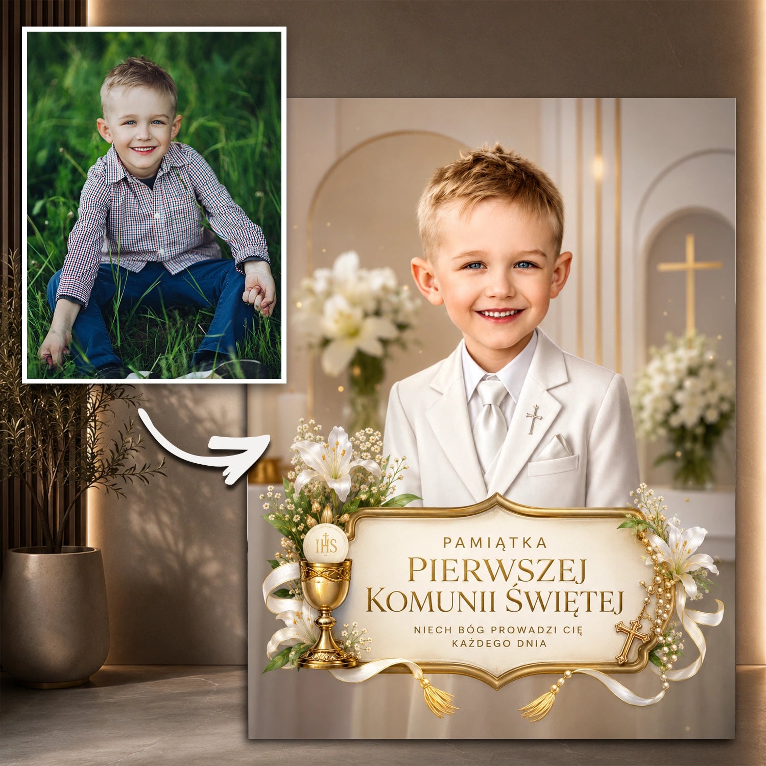 Image of Prezent dla dziecka na komunię – portret na płótnie ze zdjęcia, karykatura Na pamiątkę I Komunii