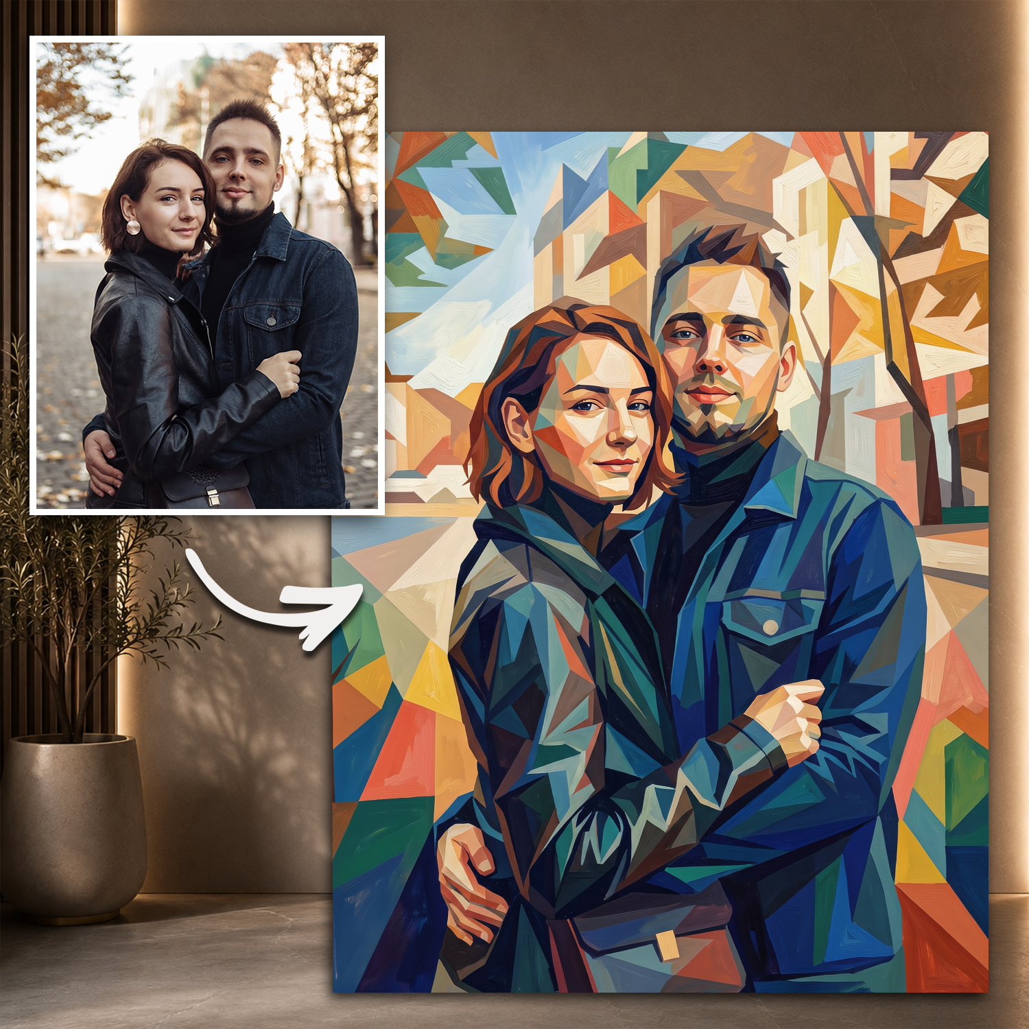 Image of Wyjątkowy prezent dla pary na rocznicę – portret na plakacie Para w geometrycznym stylu