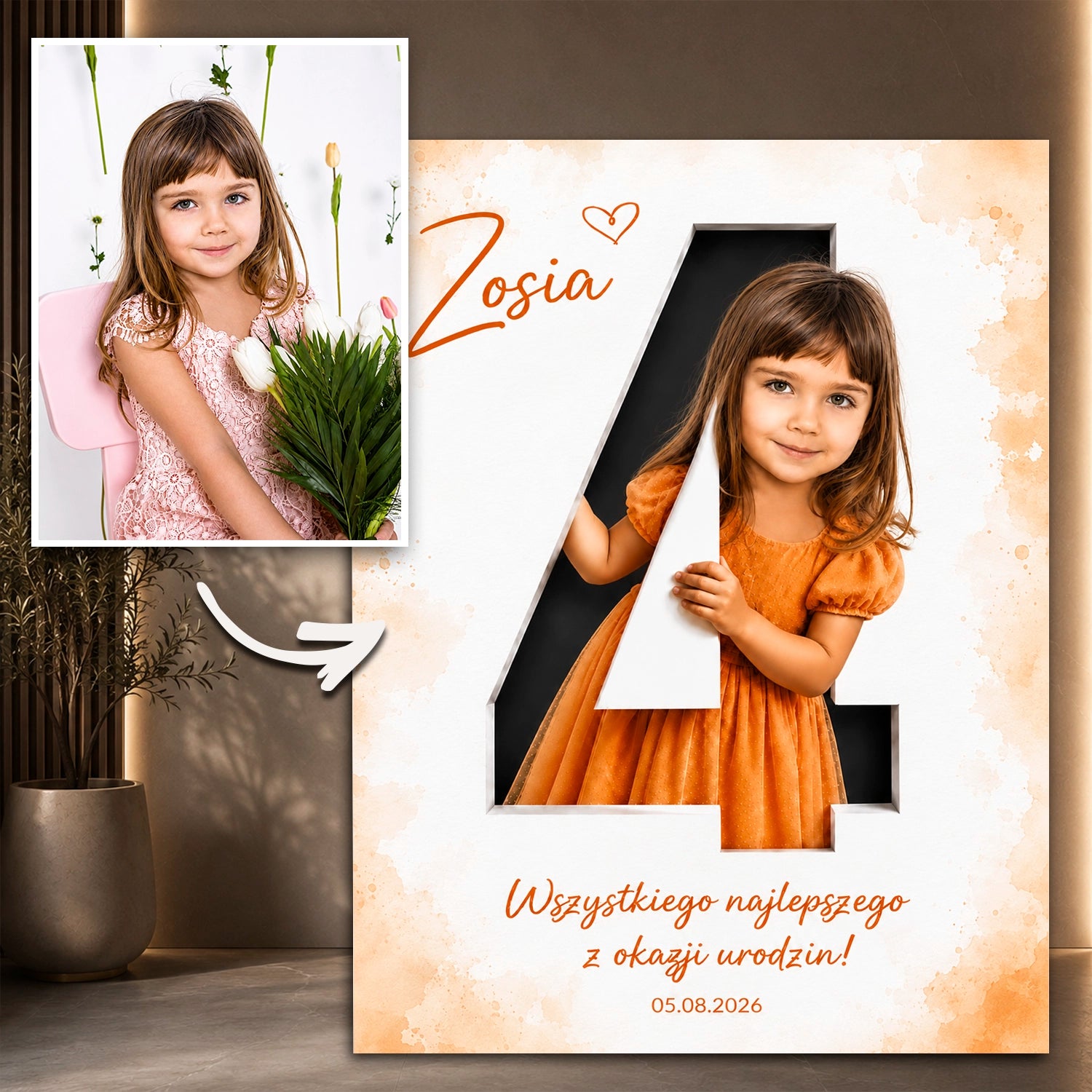Image of Prezent na 4 urodziny dla dziewczynki – portret na szkle Na jej czwarte urodziny