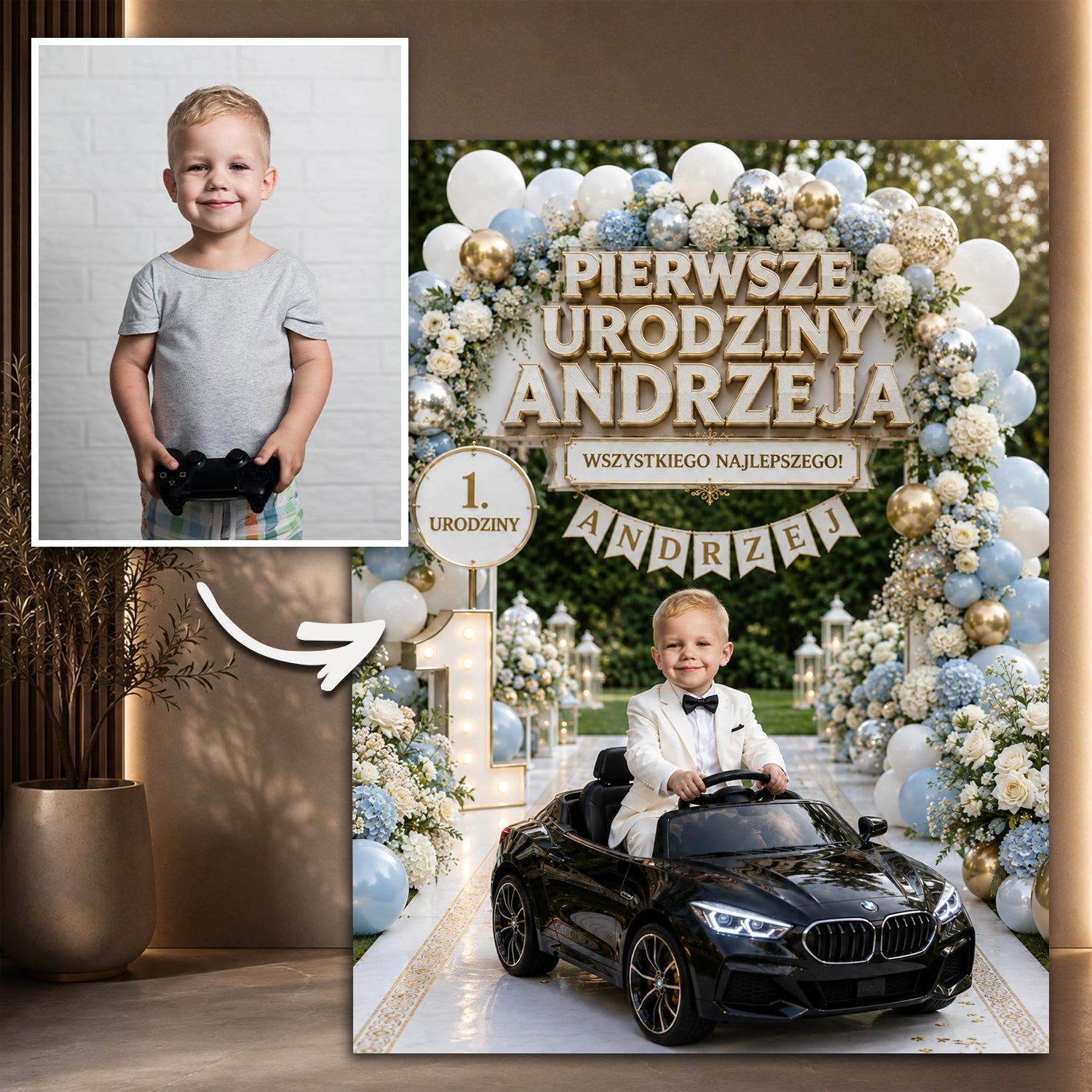 Image of Wyjątkowy prezent dla chłopca na roczek – portret na szkle Jego pierwsze urodziny