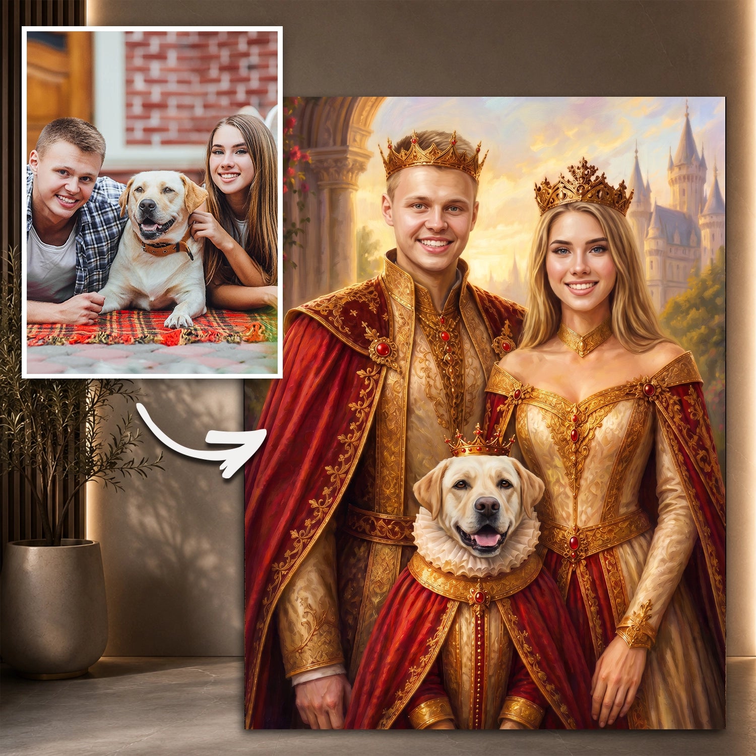 Image of Oryginalny prezent dla pary na rocznicę – portret na plakacie Królewska para i ich pies