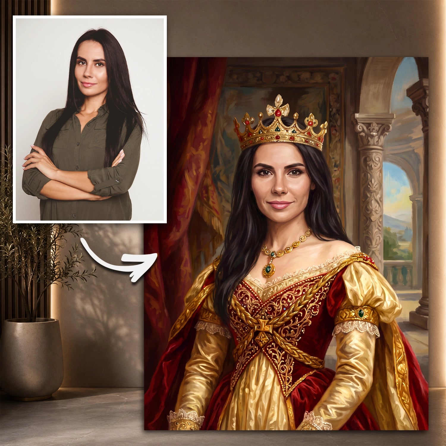 Image of Wyjątkowy prezent dla mamy – portret w stylu królewskim na płótnie Królowa naszego domu