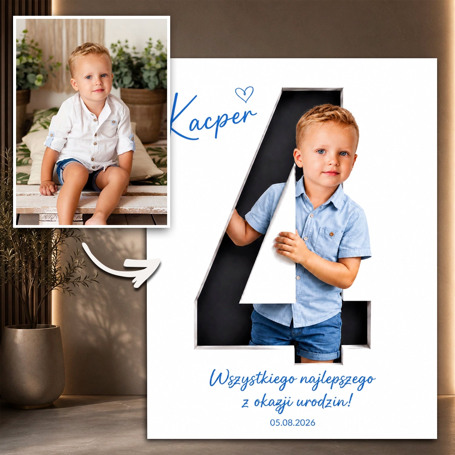 Image of Oryginalny prezent dla dziecka na 4 urodziny – portret na plakacie Z okazji czwartych urodzin