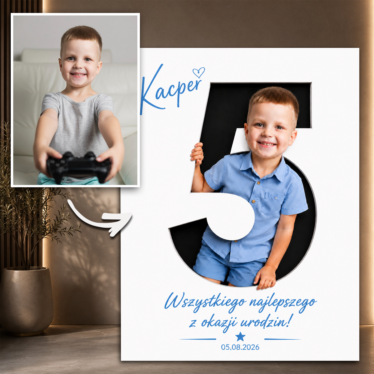 Image of Wyjątkowy prezent dla chłopca na urodziny – portret na płótnie ze zdjęcia Jego 5 urodziny