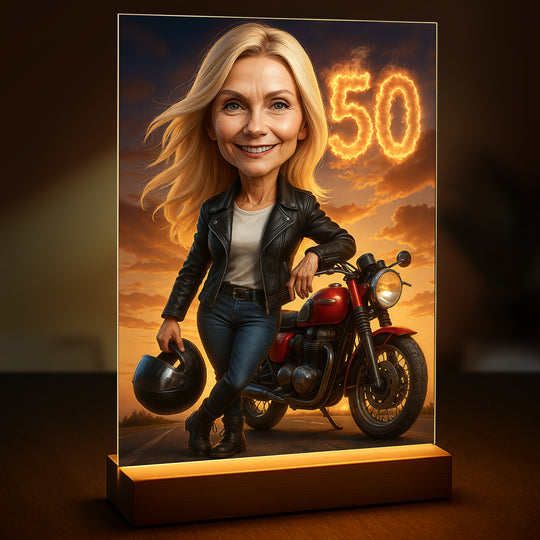 50 urodziny motocyklistki - druk na szkle, portret z Twojego zdjęcia