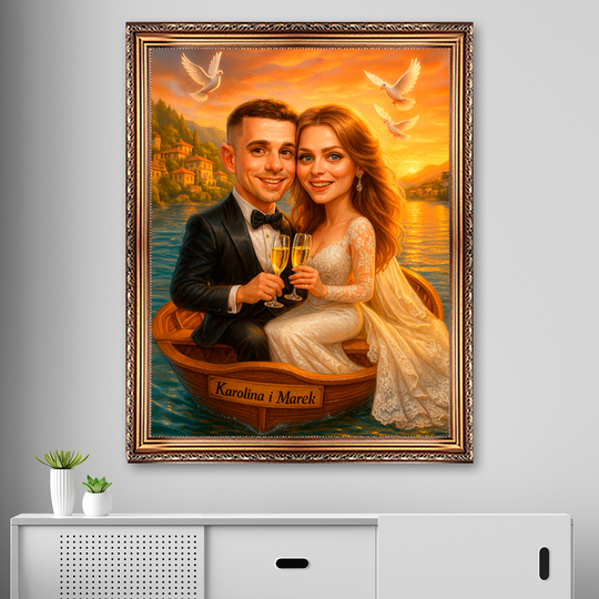 Portret pary młodej na łodzi - obraz na płótnie z Twojego zdjęcia
