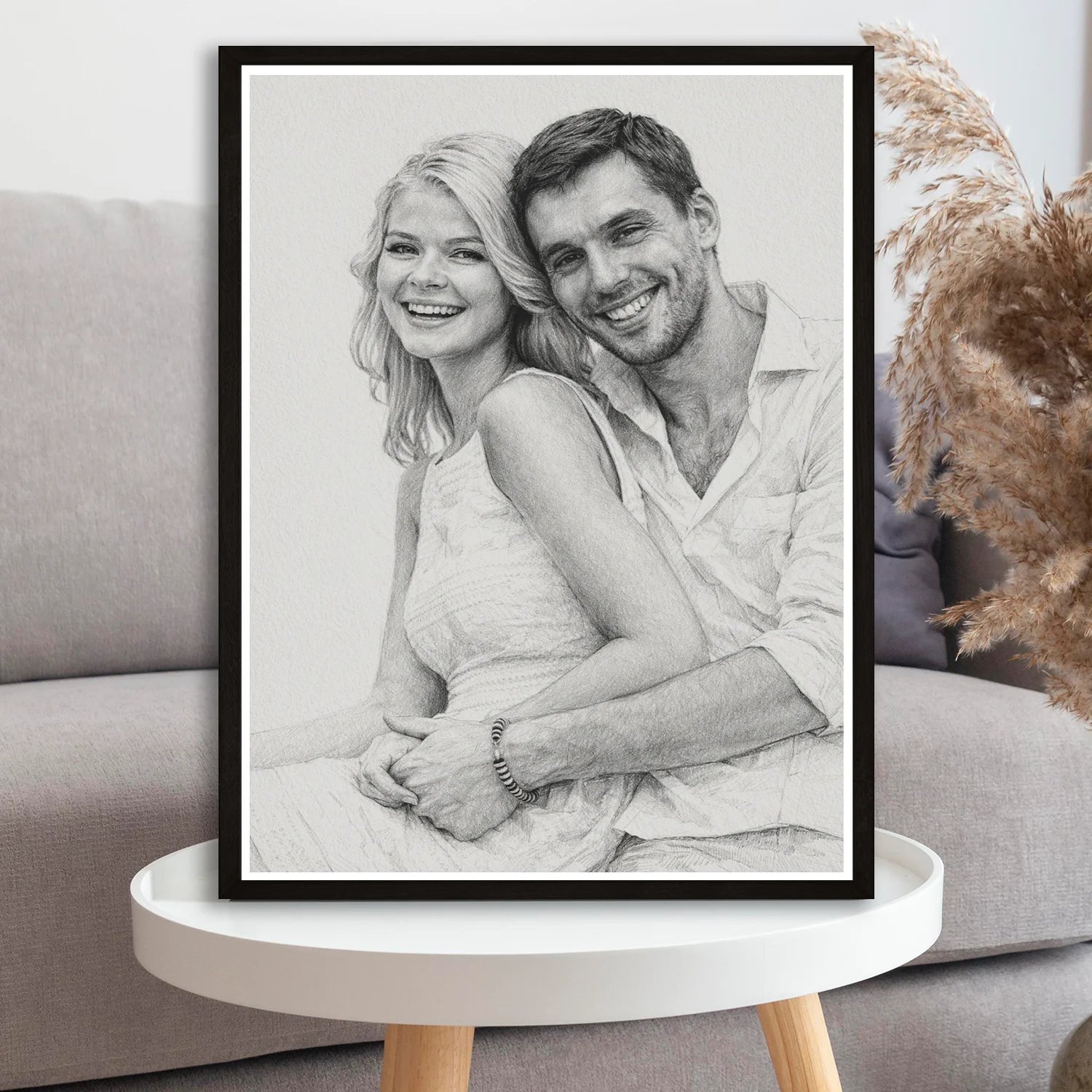 Image of Personalizowany plakat pary ze zdjęcia w formie szkicu ołówkiem, romantyczny portret czarno-biały