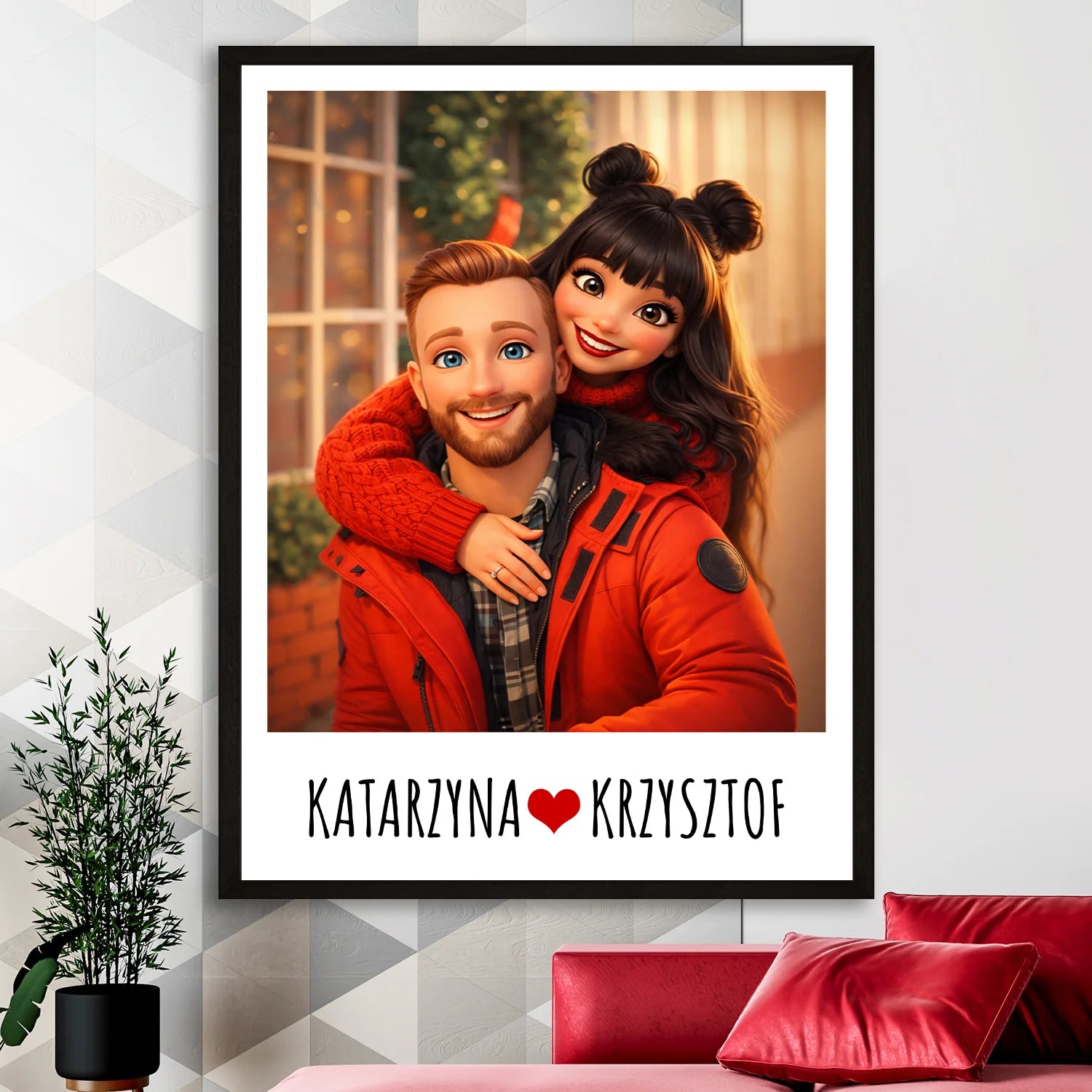 Image of Personalizowany plakat pary w bajkowym stylu, zakochani w czerwonych kurtkach i własne imiona pod zdjęciem