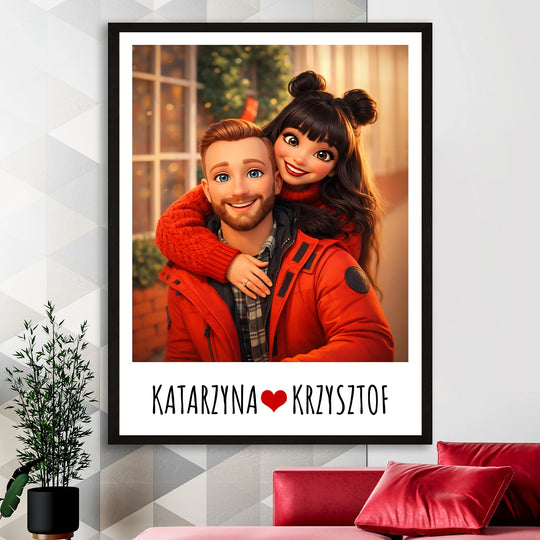 Portret pary w stylu animowanym + imiona - plakat, personalizowany prezent na Walentynki