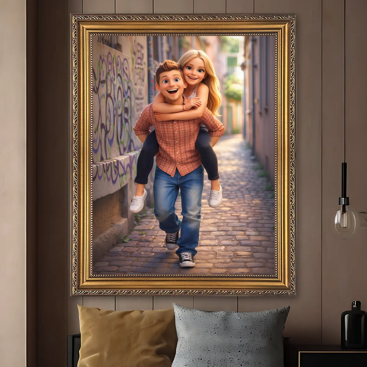 Image of Portret zakochanej pary na płótnie w stylu bajkowym – personalizowany obraz ze zdjęcia, urocza dekoracja lub prezent dla dwojga.