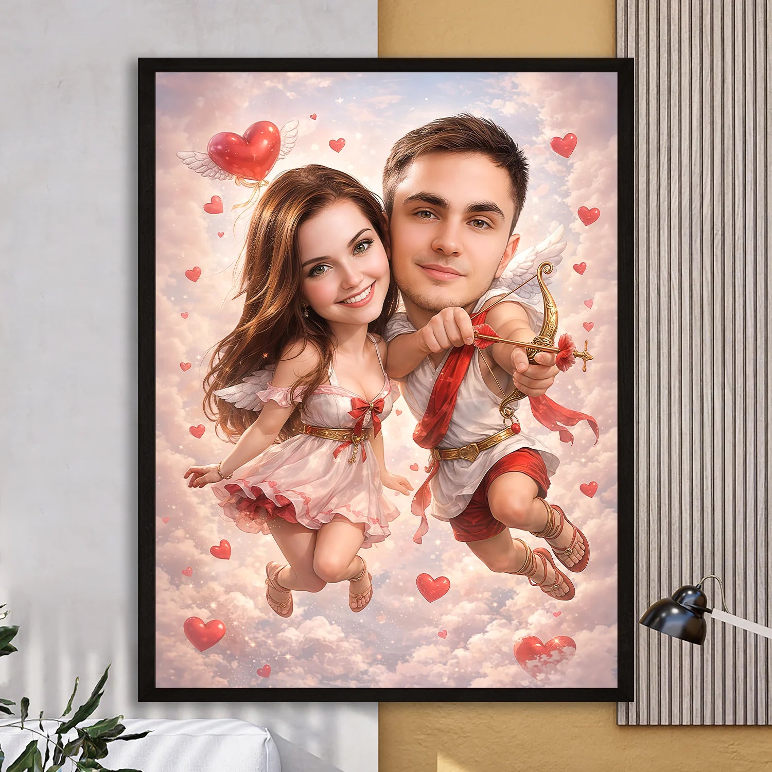 Image of Personalizowany plakat pary jako amorki, chmury, serca i strzała miłości, całość w bajkowym i romantycznym stylu