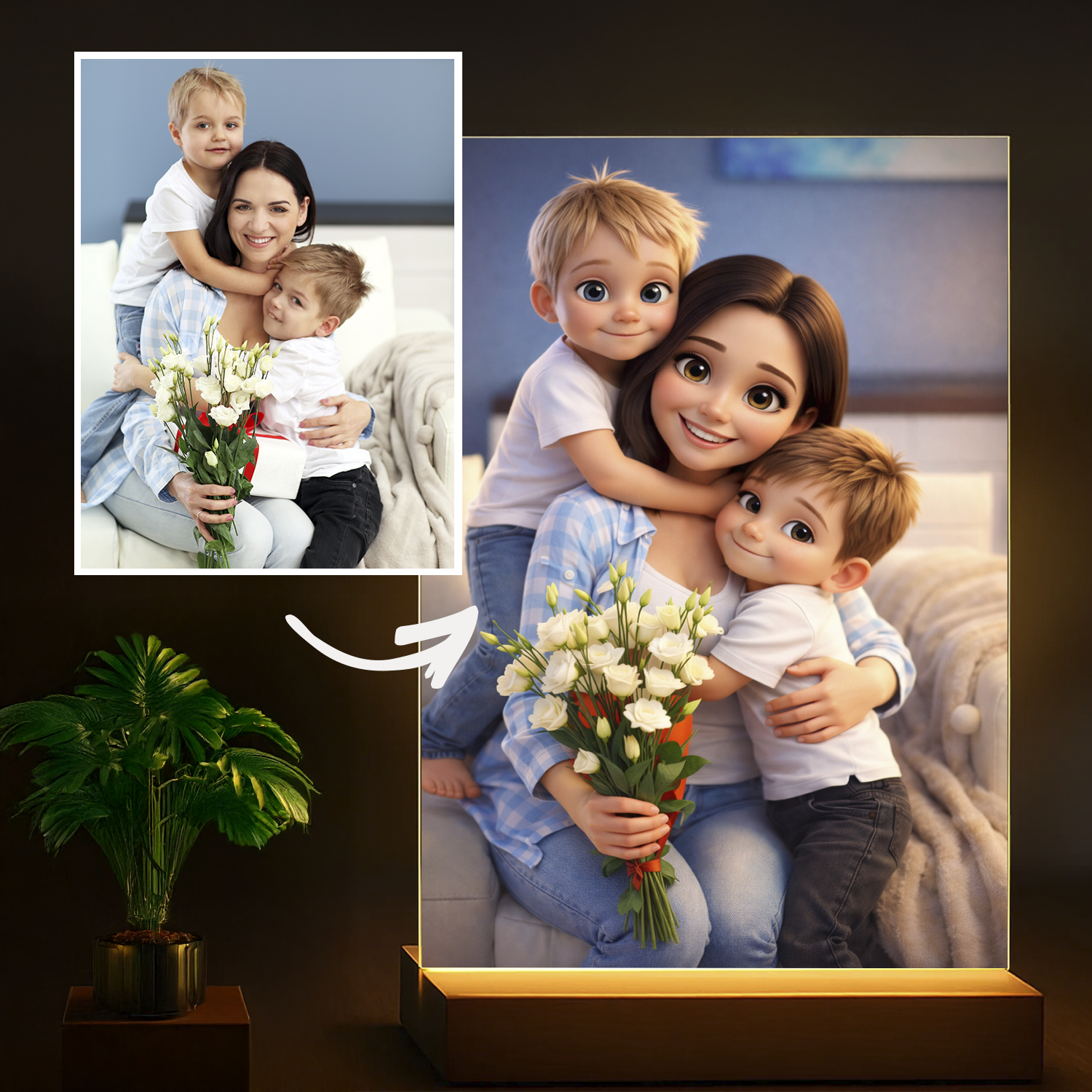 Image of Portret mamy i dzieci w bajkowym stylu - druk na szkle, personalizowany prezent na Dzień Matki