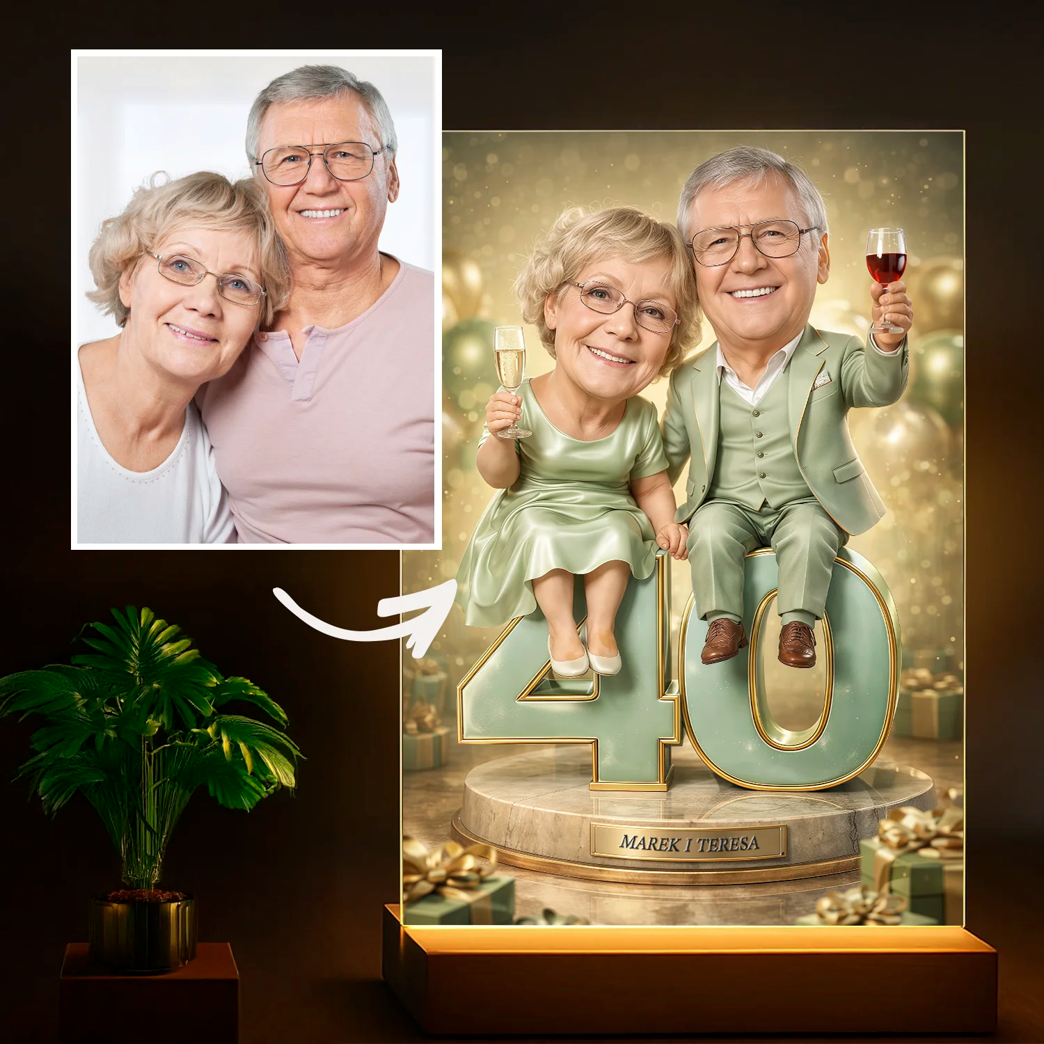 Image of Prezent dla małżeństwa na 40 rocznicę - karykatura ze zdjęcia na szkle elegancki jubileusz