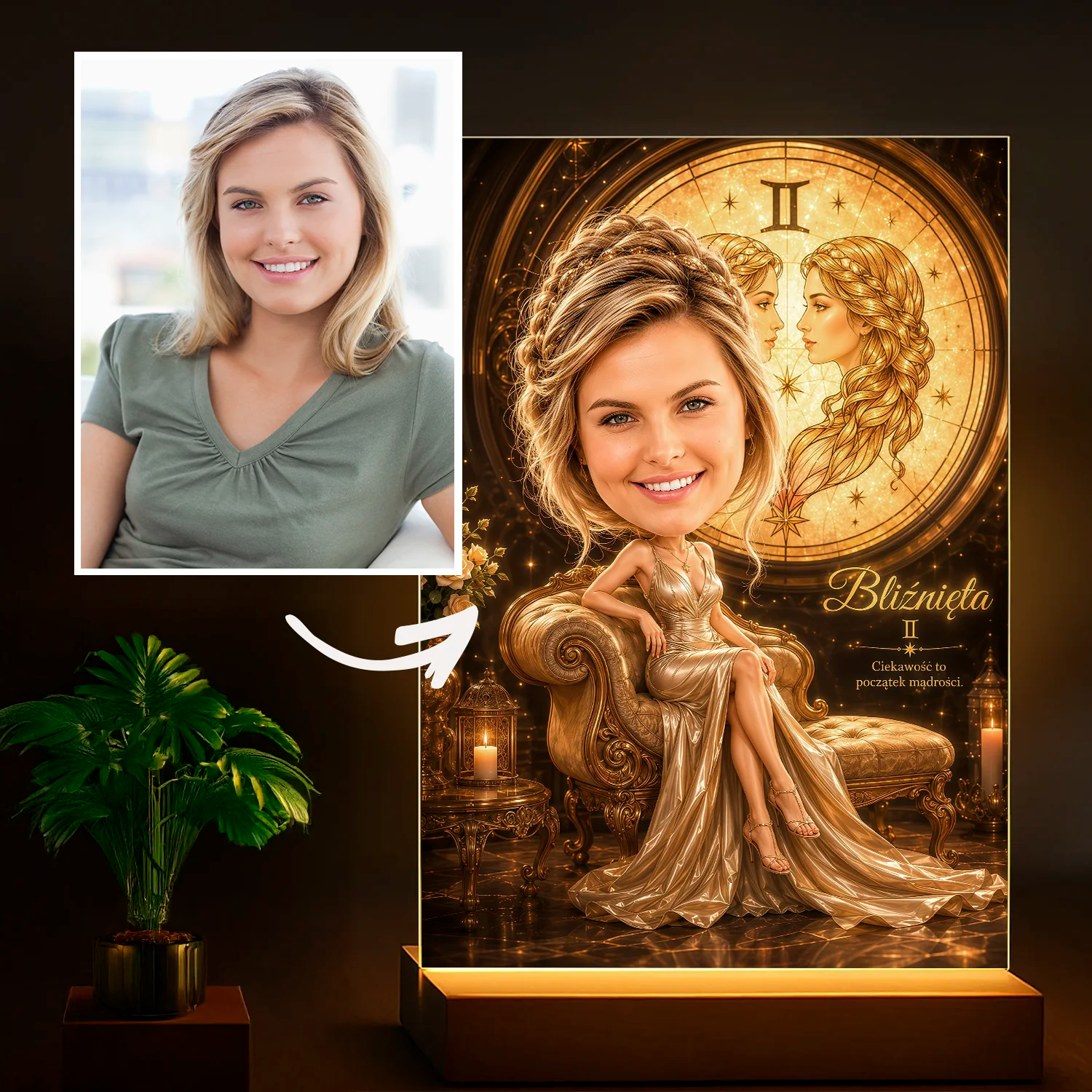 Image of Prezent dla niej na urodziny - portret ze zdjęcia na szkle Kobieta spod znaku Bliźniąt