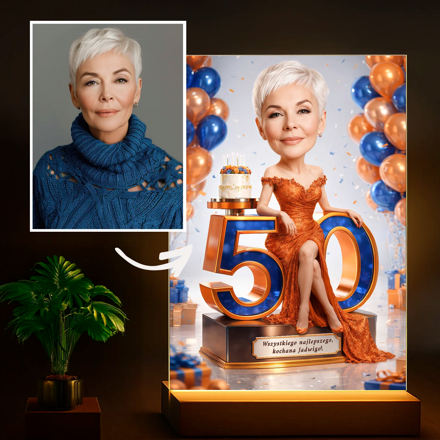Image of Ciepłe życzenia na jej 50. - druk na szkle, personalizowany prezent na 50. urodziny