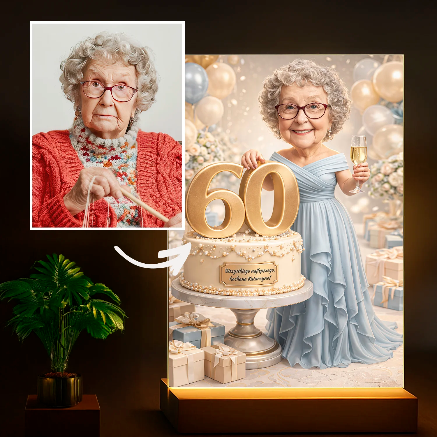 Image of Jej portret na 60. - druk na szkle, personalizowany prezent na 60. urodziny