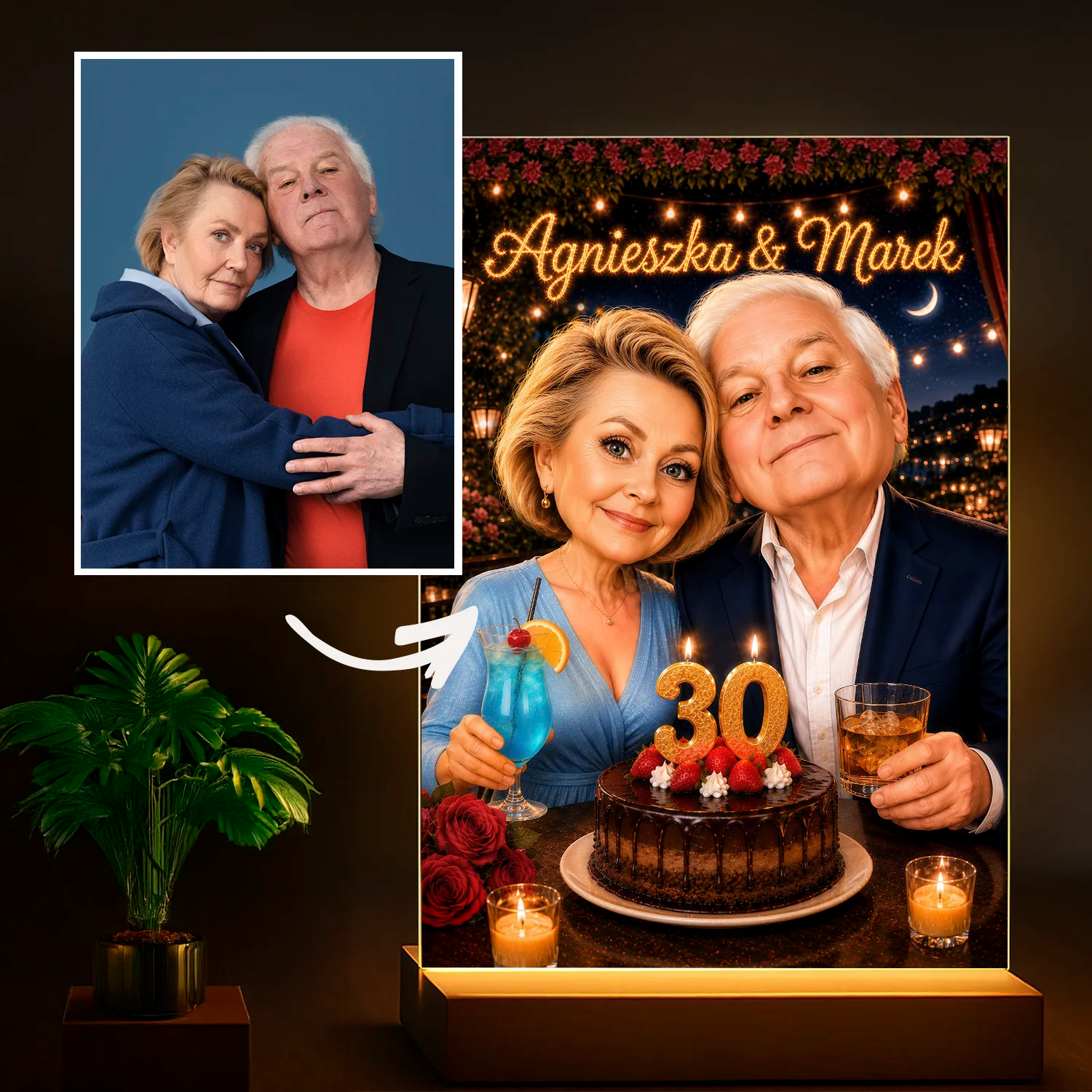 Image of Prezent dla pary na 30. rocznicę ślubu – karykatura ze zdjęcia na szkle Perłowy Jubileusz