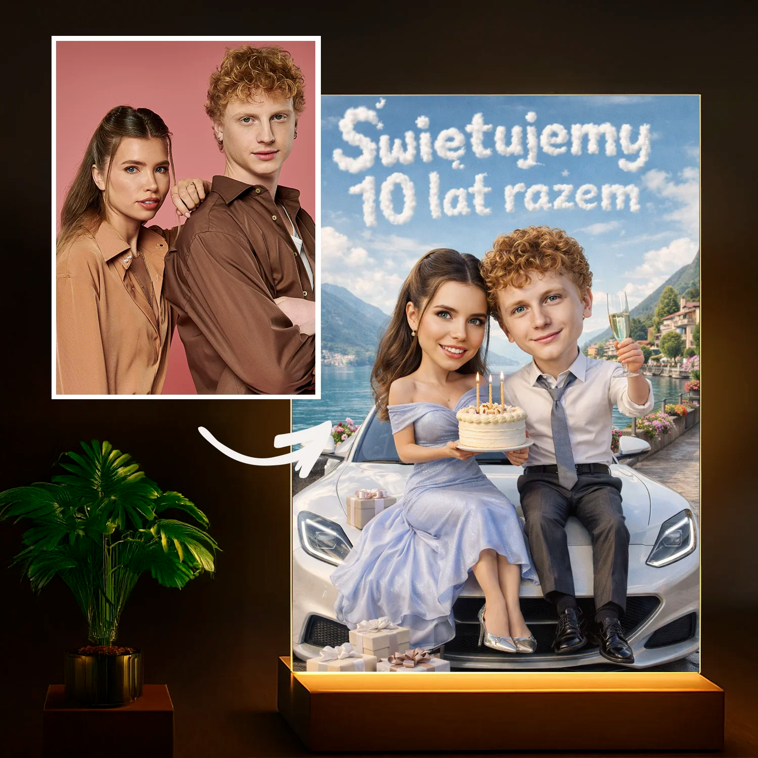 Image of Prezent dla pary na 10 rocznicę ślubu - portret ze zdjęcia na szkle w eleganckim stylu