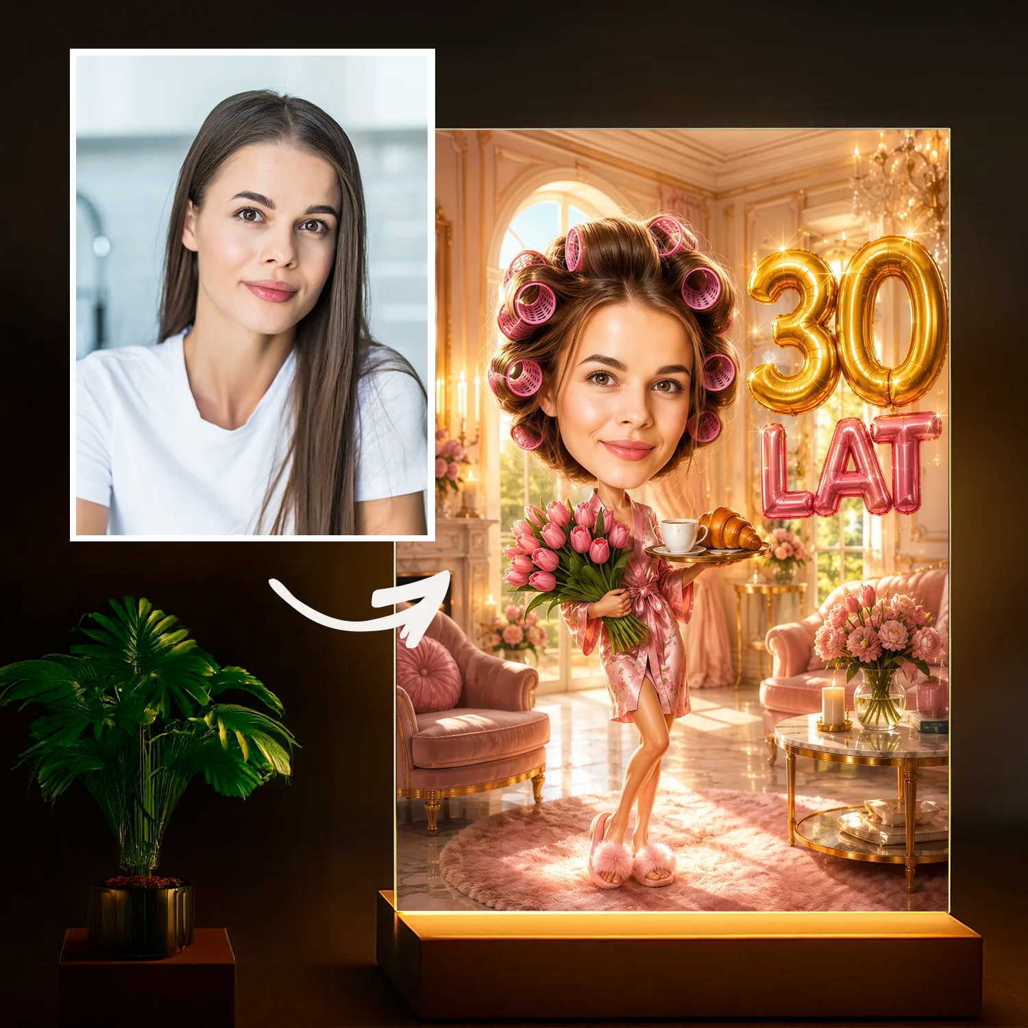 Image of Oryginalny prezent dla kobiety na 30 urodziny - portret ze zdjęcia na szkle Urodzinowy poranek