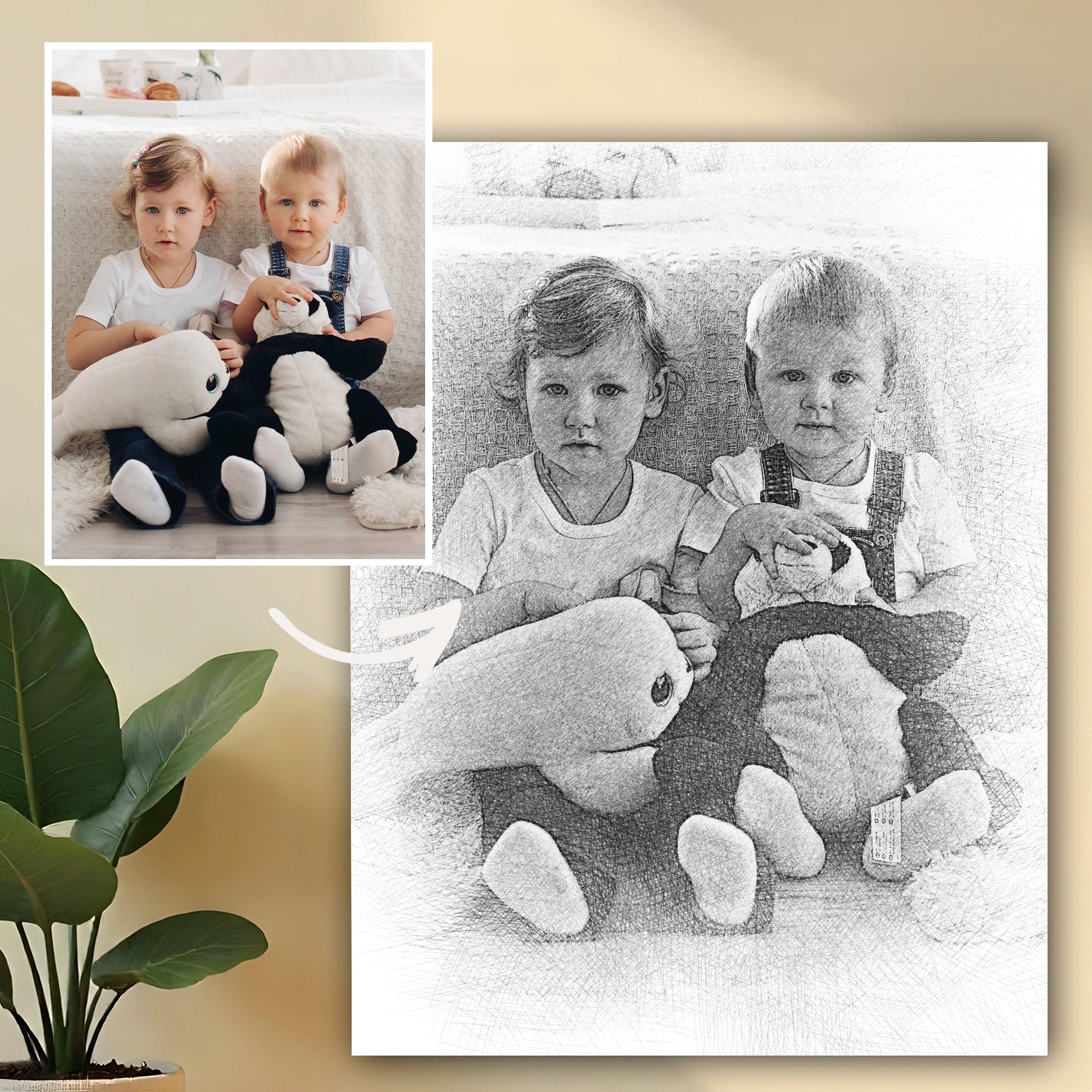 Image of Ołówkowy portret rodzeństwa - obraz na płótnie z Twojego zdjęcia