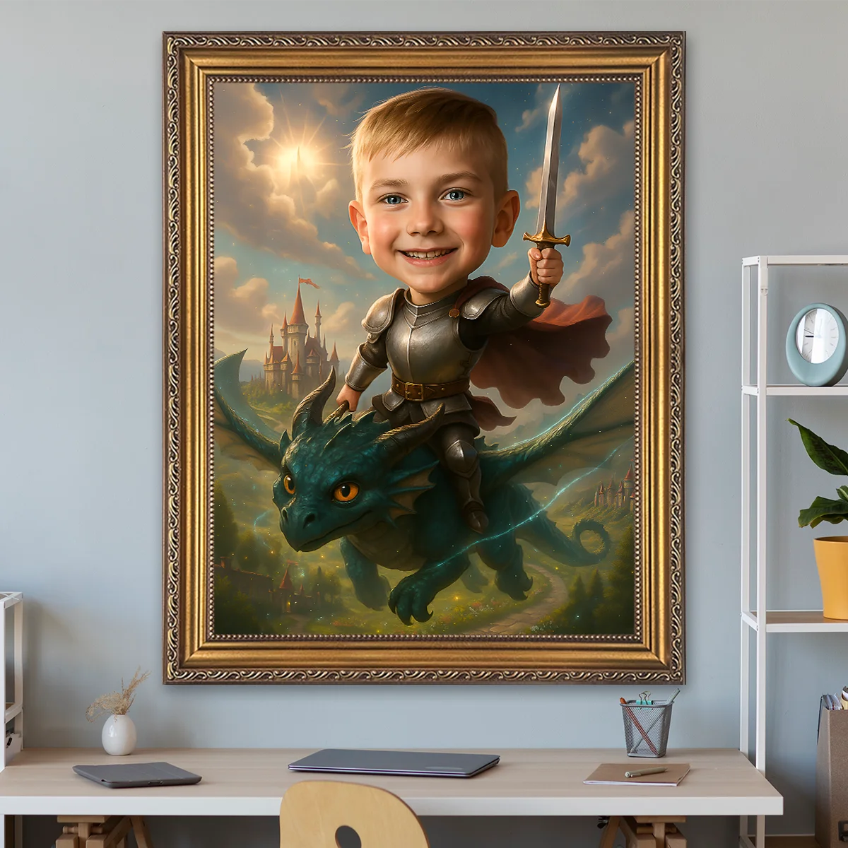 Portret chłopca na smoku - obraz na płótnie z Twojego zdjęcia